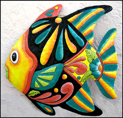 Tropical Fish, Painted Metal Decorative Wall Hanging, Haitian Metal Art - 17" x 17"